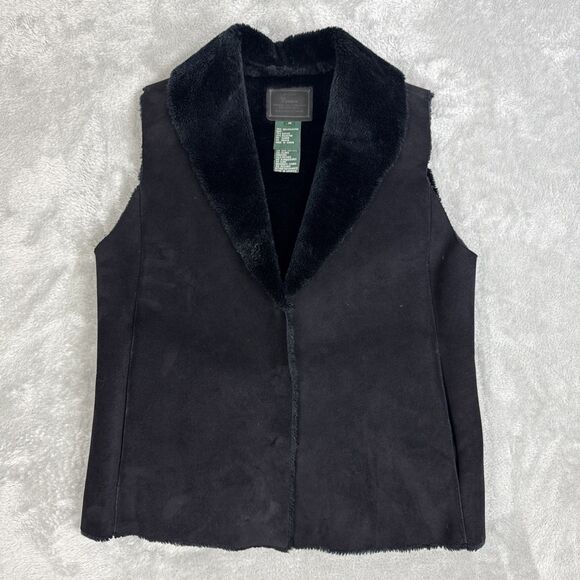 Ralph LAUREN Women's Vest Small Black Suede Faux Fur Lined Trim LRL Sleeveless - Picture 1 of 8